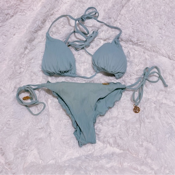 Luli Fama ORILLAS DEL MAR Triangle Bikini Top (M) & Side Tie Ruched Bottoms (S) - Picture 4 of 7